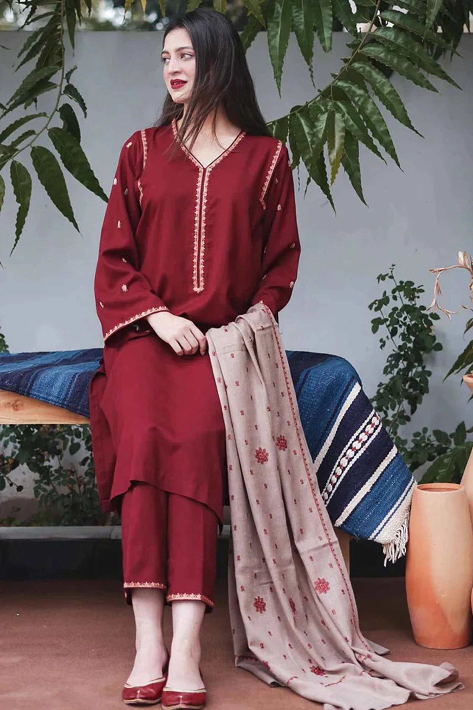 Aisling Winter 3 Piece Dhanak dress with Embroidered Shawll WC403 - Image 2