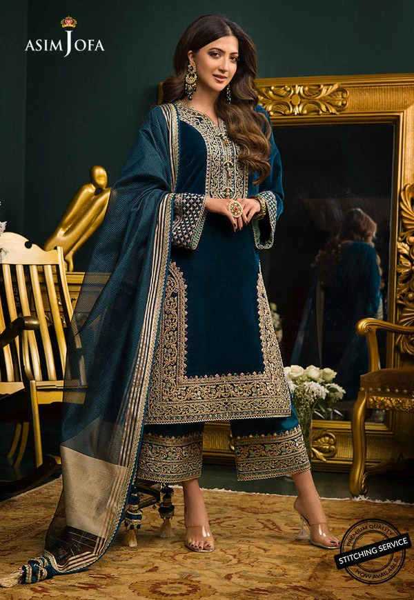 Asim Jofa Embroidered Velvet Dress With Silk Trouse Dress and Net Duppata WC414 - Image 3