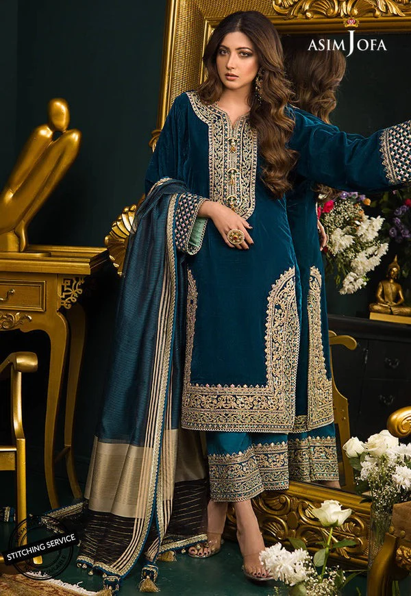 Asim Jofa Embroidered Velvet Dress With Silk Trouse Dress and Net Duppata WC414 - Image 5