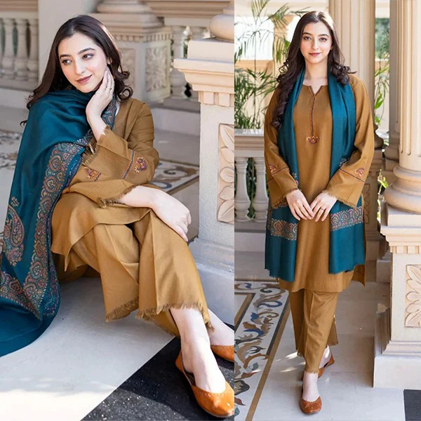 Asling Winter 3 Piece Dhanak Embroidered Suit with Printed Shawll WC1201