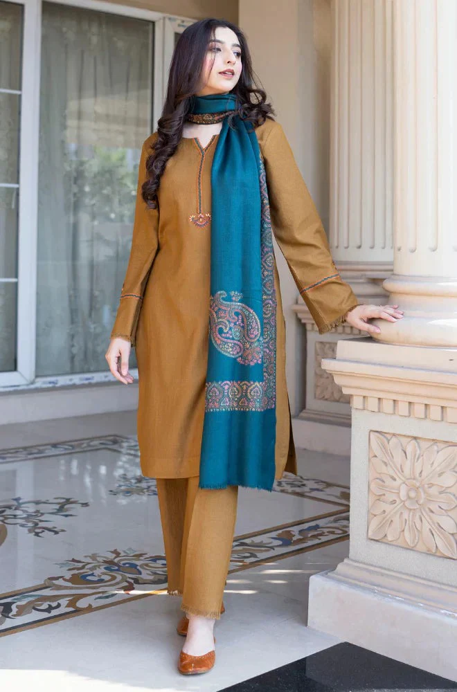 Asling Winter 3 Piece Dhanak Embroidered Suit with Printed Shawll WC1201 - Image 4
