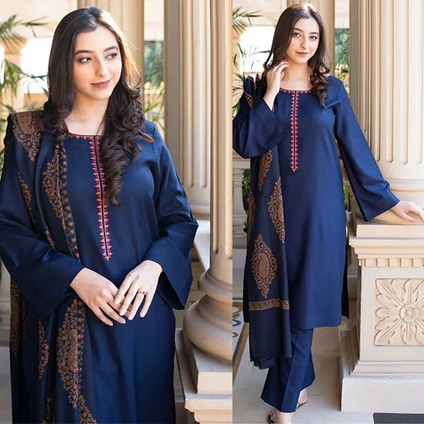 Asling Winter 3 Piece Dhanak Embroidered Suit with Printed Shawll WC1202