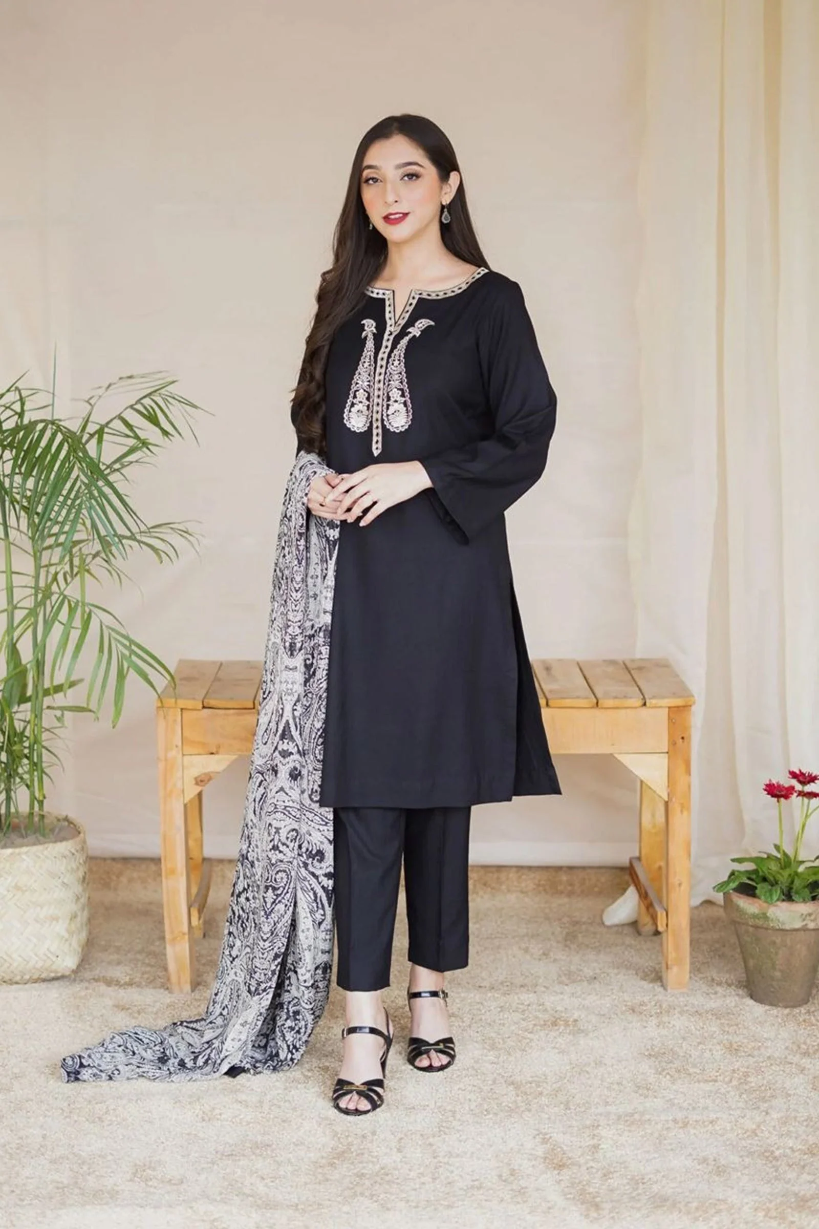 Asling Winter 3 Piece Dhanak Embroidered Suit with Printed Shawll WC1204 - Image 2