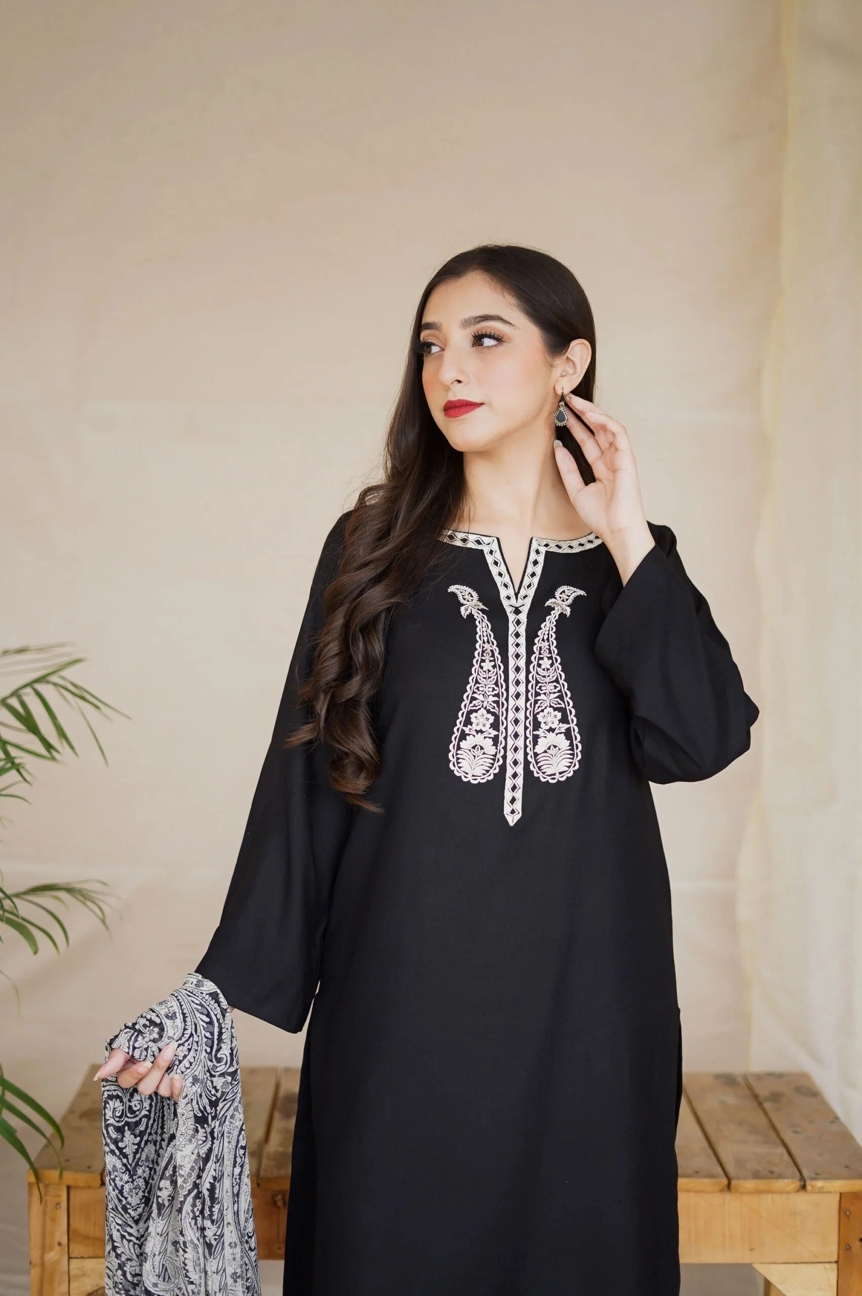 Asling Winter 3 Piece Dhanak Embroidered Suit with Printed Shawll WC1204 - Image 3