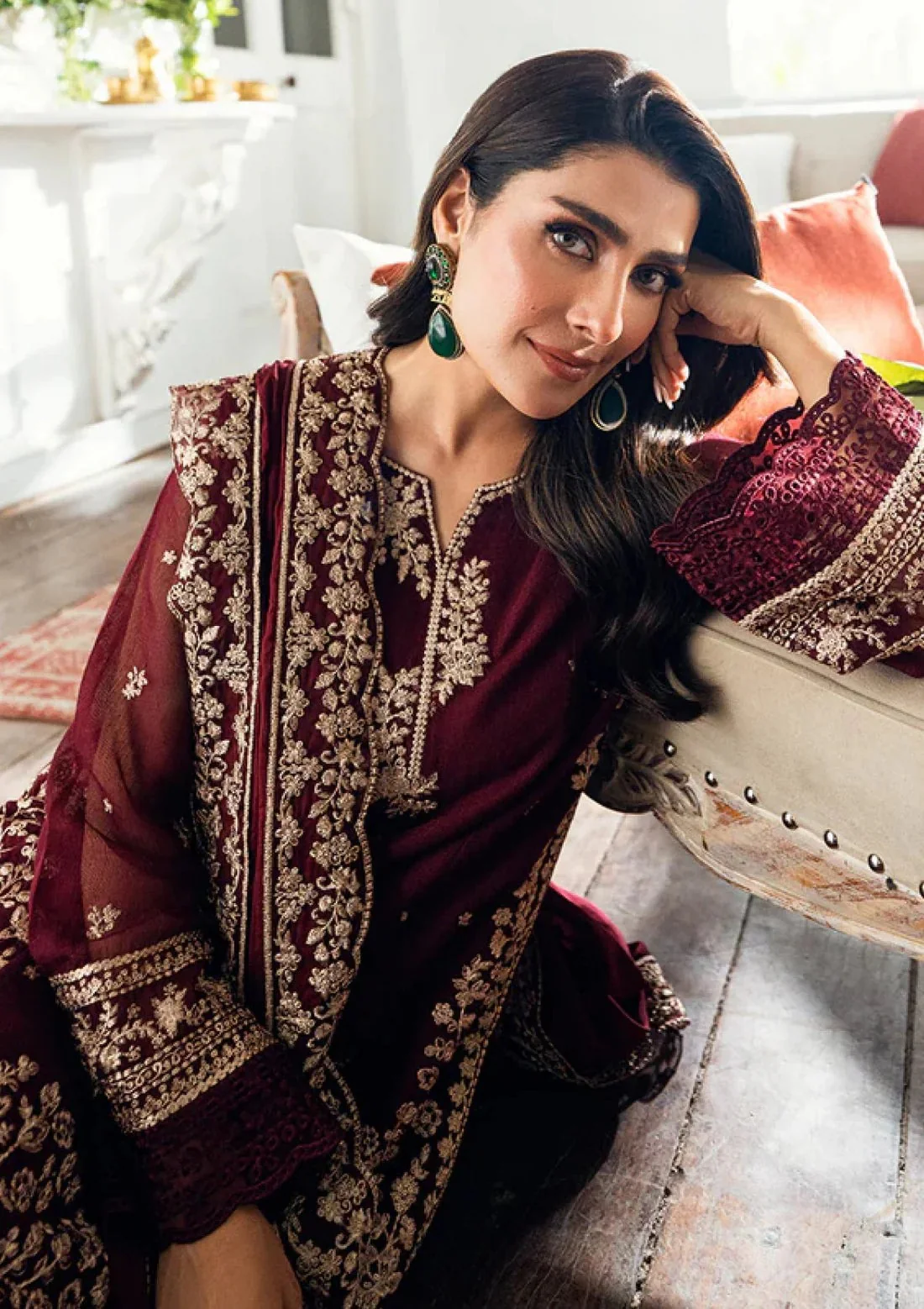 Azure 3 Piece Dhanak Emb dress with Emb Shawll WC1263 - Image 3