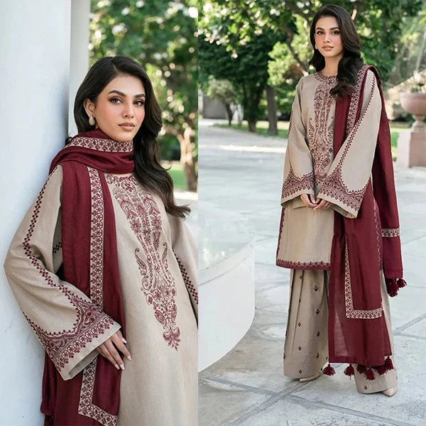 Baroque 3 Piece Dhanak Embroidered Dress with Printed Shawll WC961