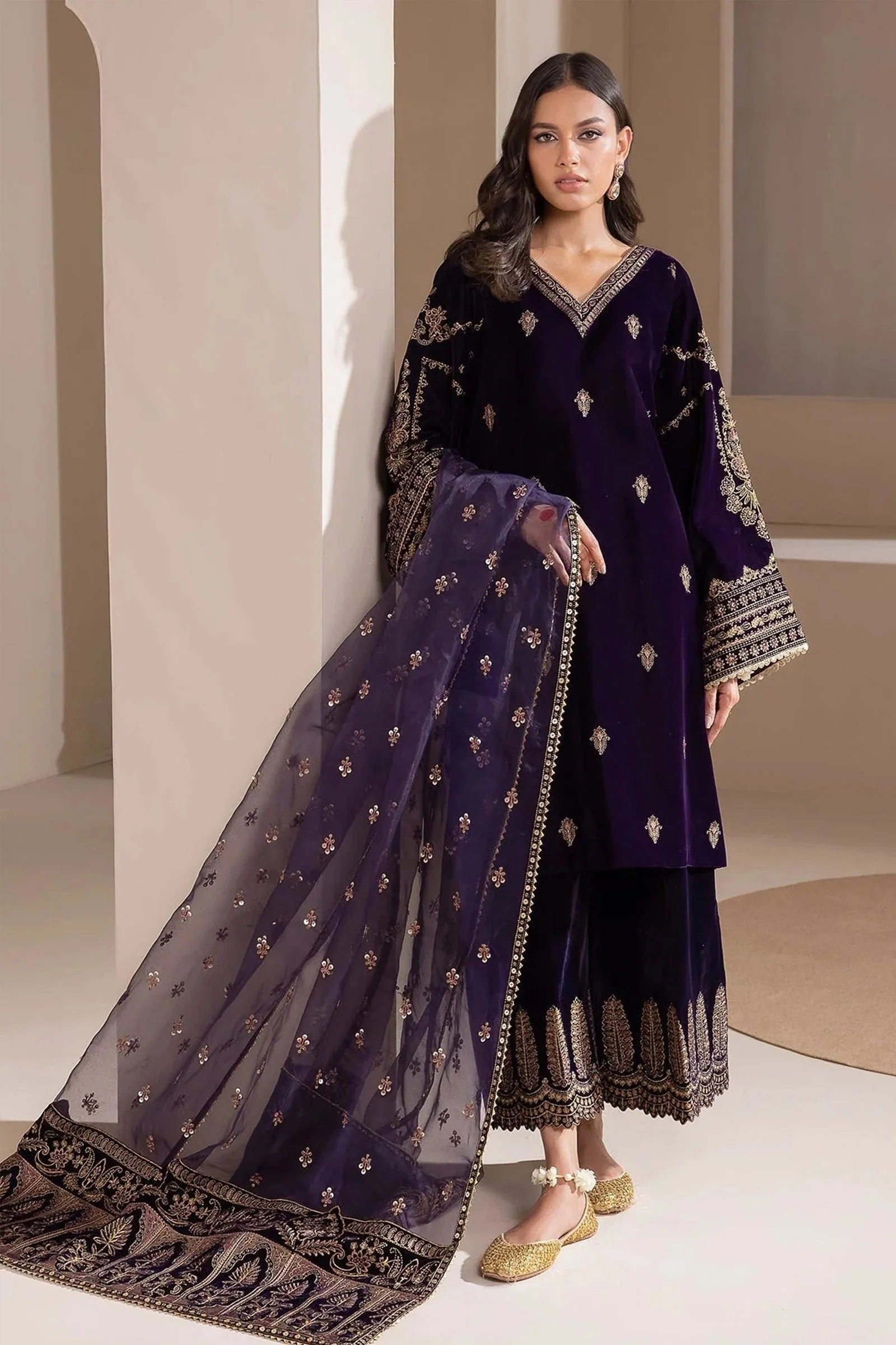 Baroque Velvet Embroidered Shirt with Embroidered Organza duppatta Silk Trouser WC1111 - Image 2