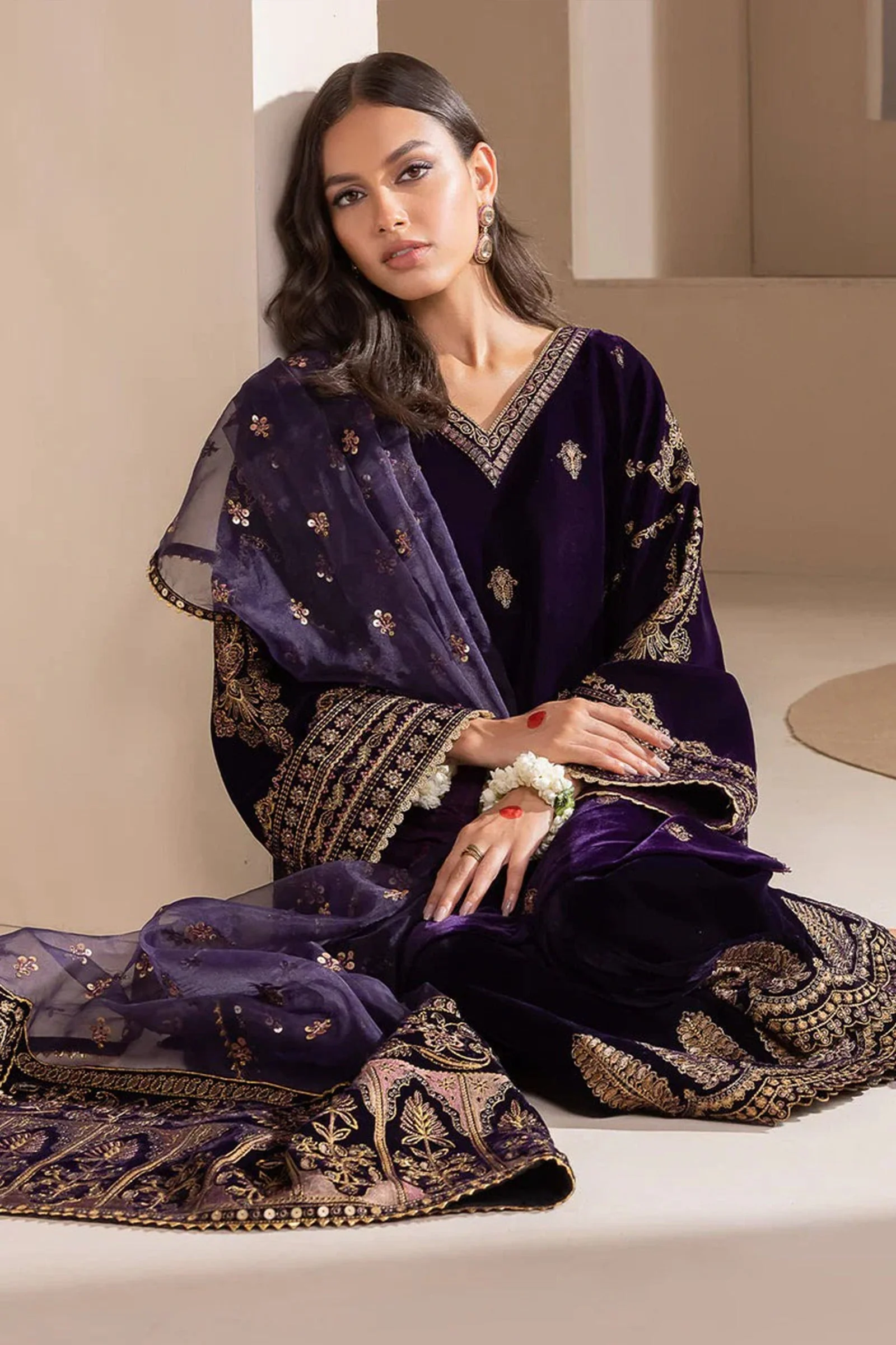 Baroque Velvet Embroidered Shirt with Embroidered Organza duppatta Silk Trouser WC1111 - Image 3
