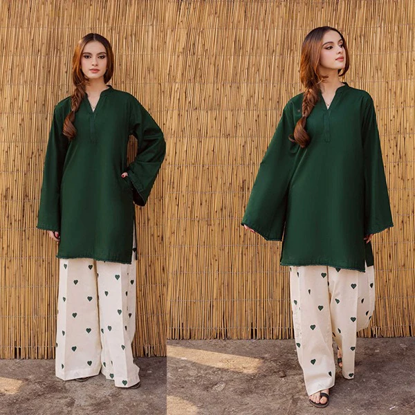 Bottle Green Heart 2 Piece Embroidered lawn dress WC2014