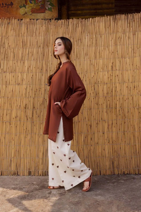 Chocolate Brown 2 Piece Embroidered lawn dress WC1298 - Image 2