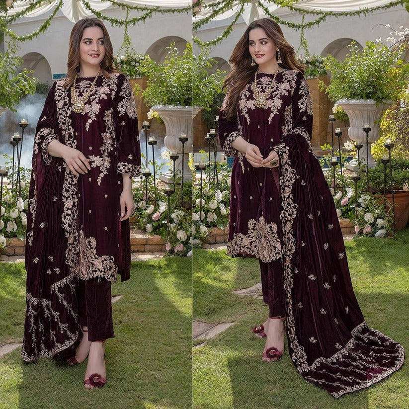 Embroidered Velvet Shirt with Velvet Shawll and Silk trouser WC401