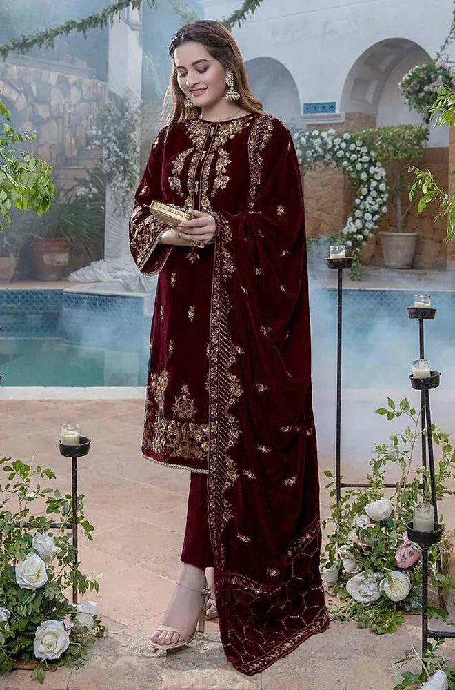 Embroidered Velvet Shirt with Velvet Shawll and Silk trouser WC401 - Image 3