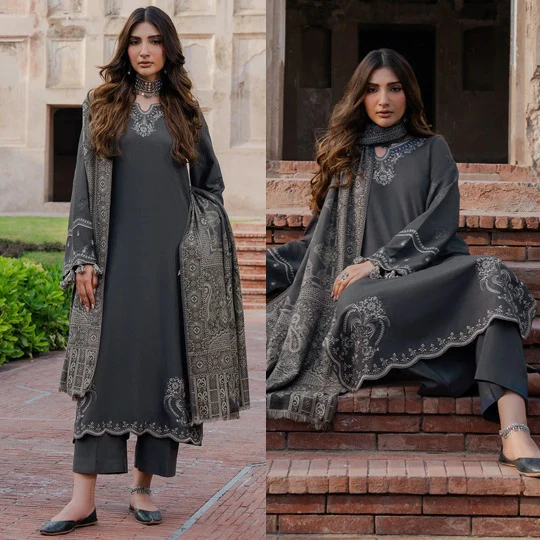 IZEL Dhanak Embroidered Shirt With Printed Shawll & Trouser 3 Piece WC1245