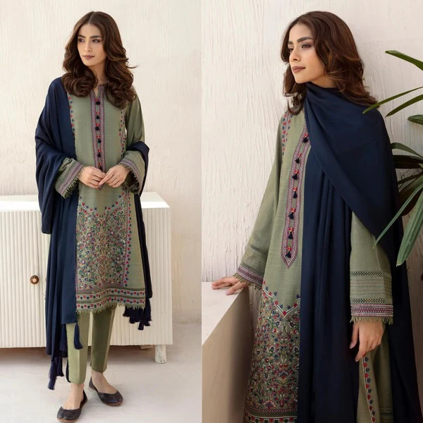 Jazmin Unstitched Winter Embroidered Khaddar Dress With Plain Dhanak Shawll 3 Piece WC550