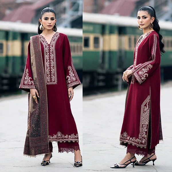 Jazmin Winter 3 Piece Dhanak Embroidered dress with Printed Shawll WC1108