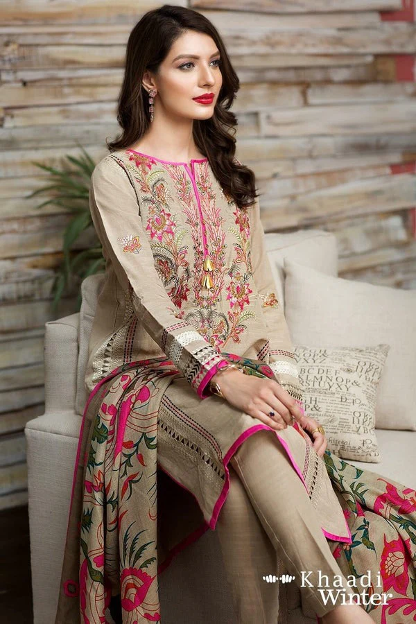 Khaddi Unstitched Winter Embroidered khaddar with Printed Shawll 3 Piece WC525 - Image 3