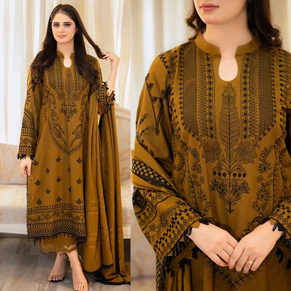 Khaddi Winter 3 Piece Embroidered Dhanak dress with Heavy Embroidered Dhanak Shawll WC1110