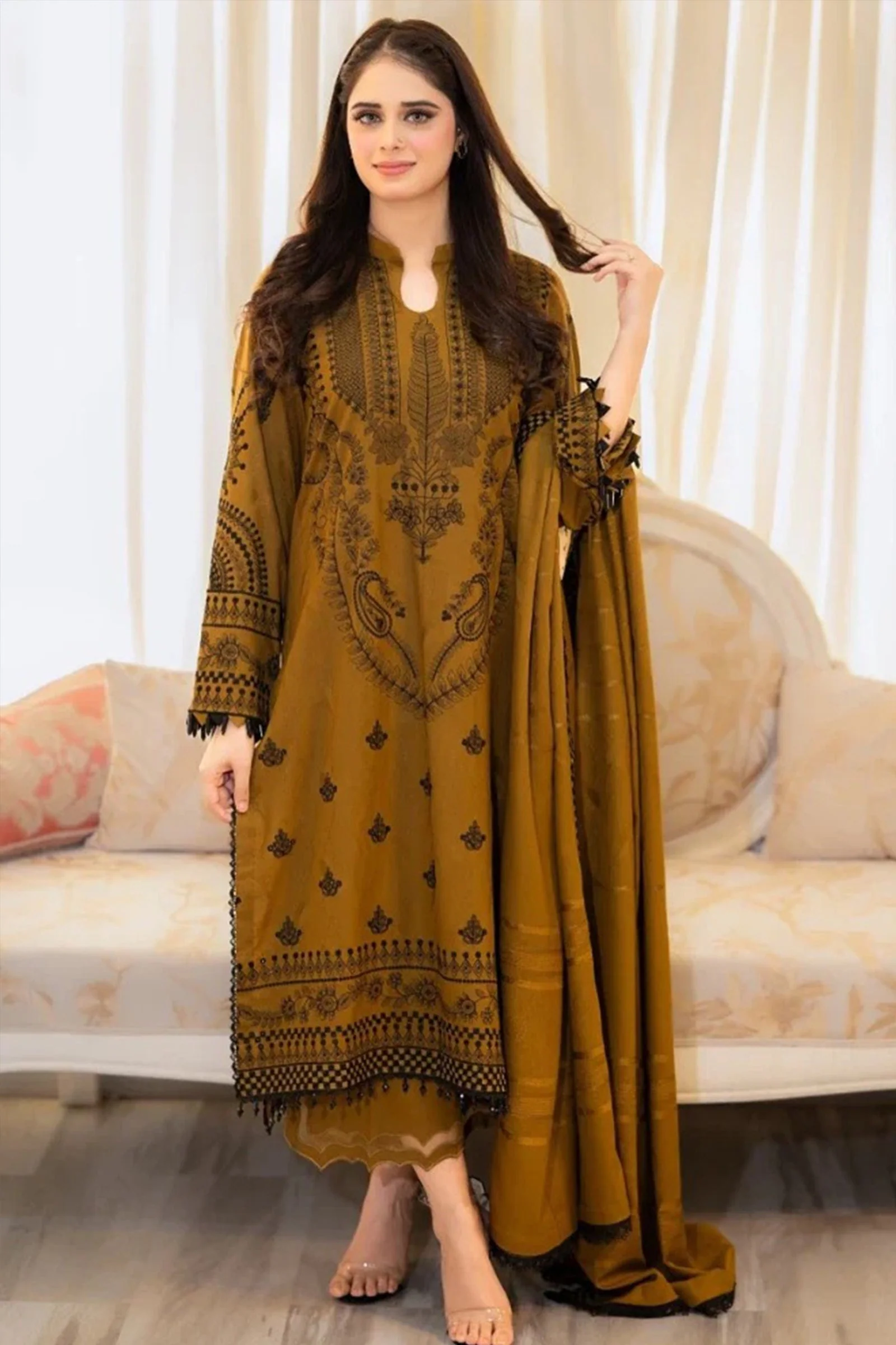 Khaddi Winter 3 Piece Embroidered Dhanak dress with Heavy Embroidered Dhanak Shawll WC1110 - Image 2
