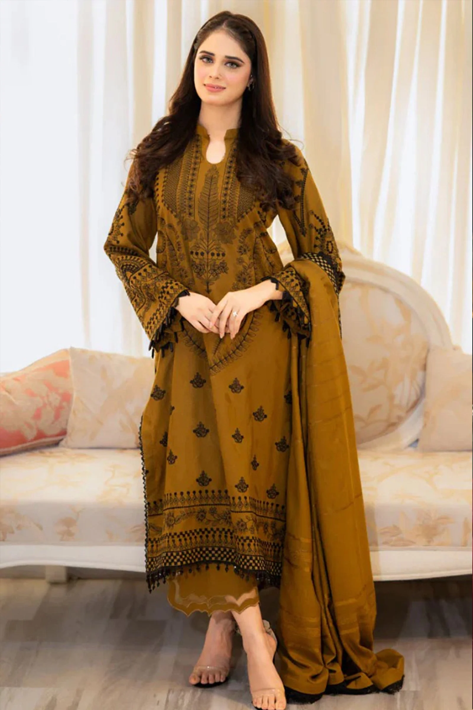 Khaddi Winter 3 Piece Embroidered Dhanak dress with Heavy Embroidered Dhanak Shawll WC1110 - Image 4