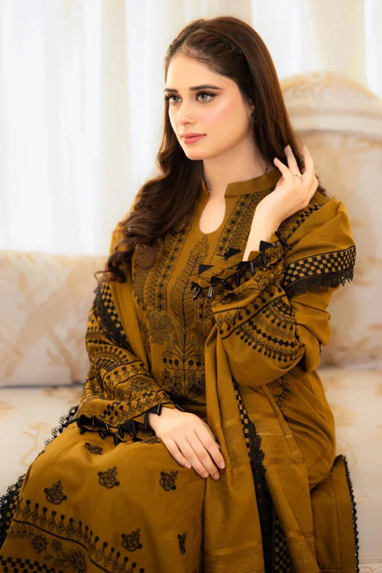 Khaddi Winter 3 Piece Embroidered Dhanak dress with Heavy Embroidered Dhanak Shawll WC1110 - Image 6