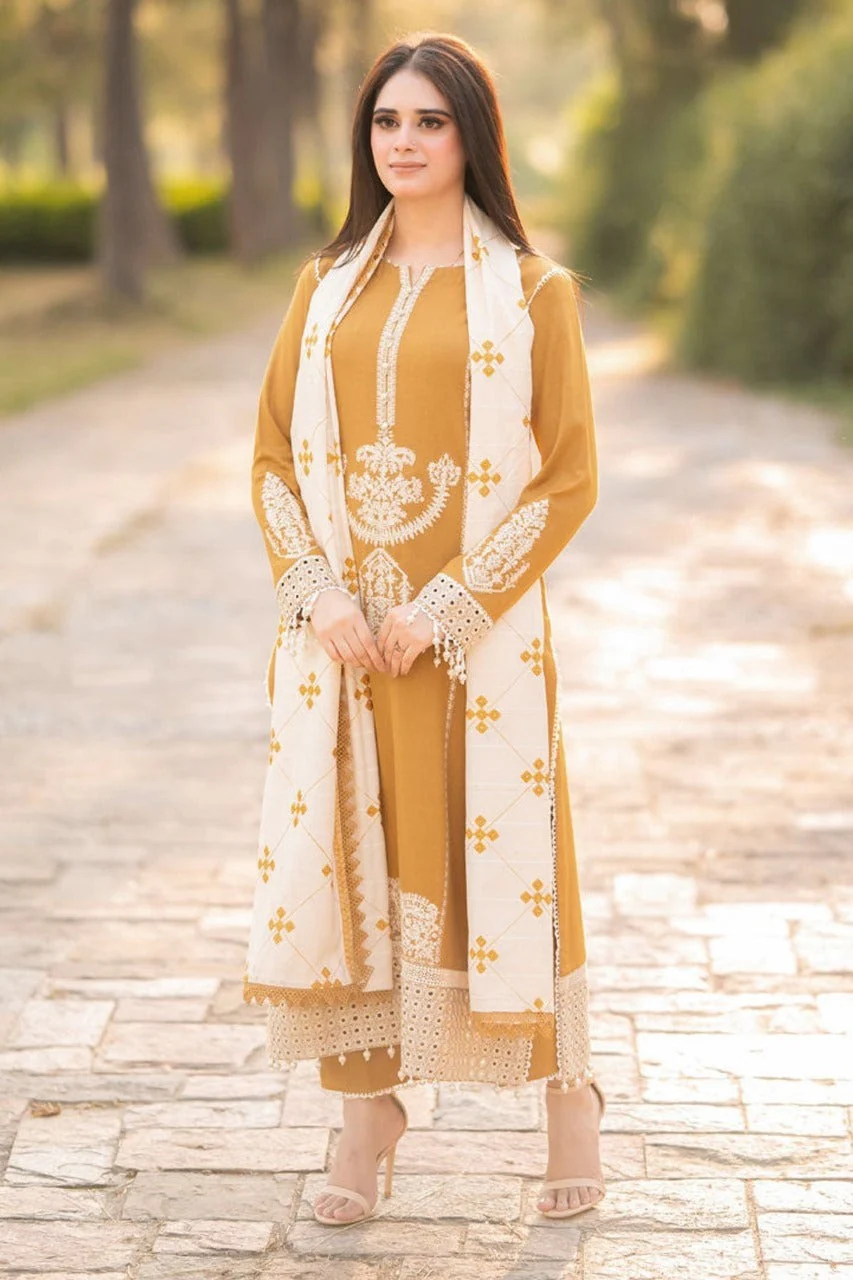 Libaas Winter 3 Piece Embroidered Dhanak dress with Heavy Embroidered Dhanak Shawll WC1212 - Image 3