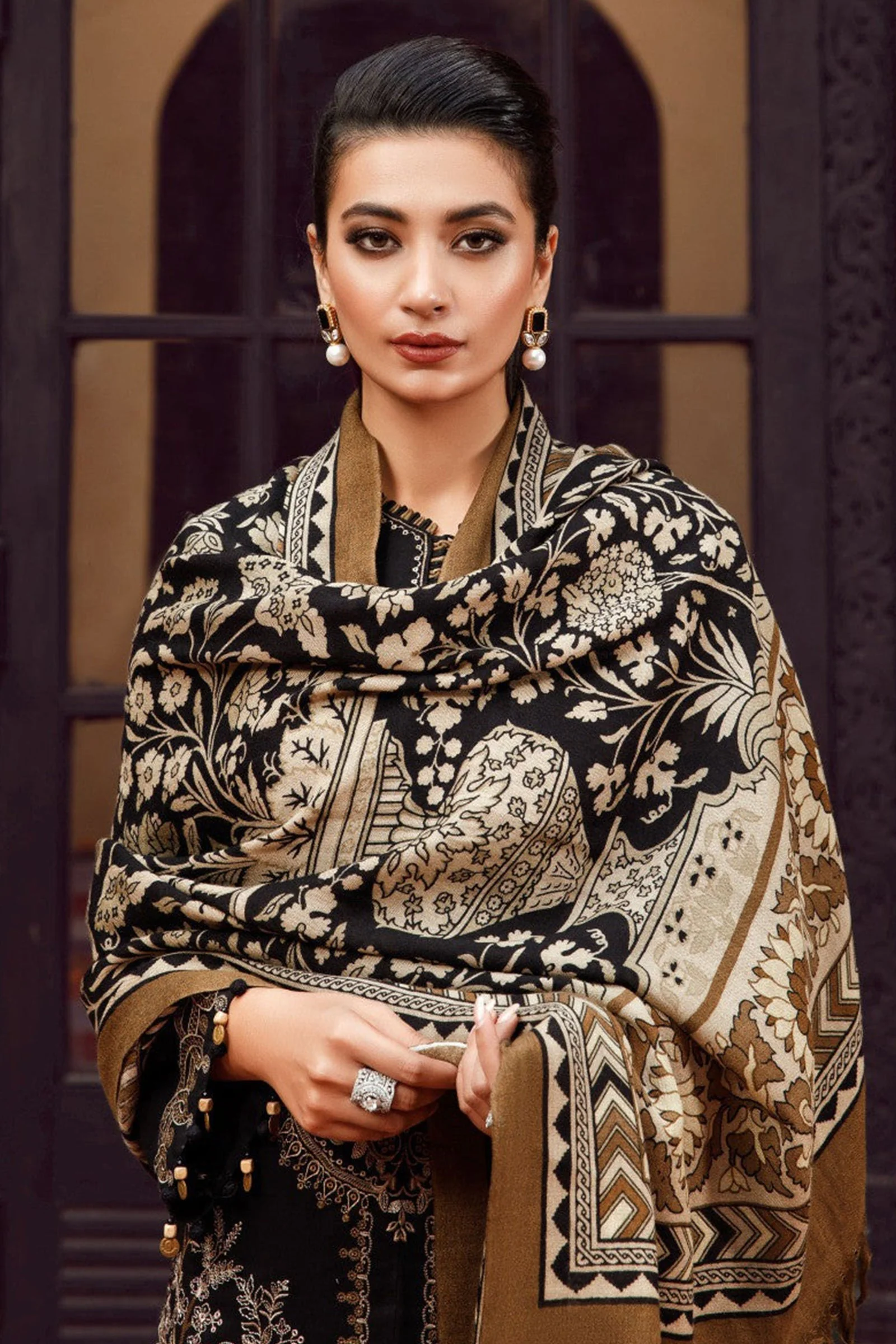 Maria B Winter 3 Piece Dhanak Embroidered Dress with Printed Shawll WC877 - Image 5