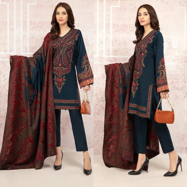 Maria B Winter Embroidered Khaddar Dress with Printed Shawll 3 Piece WC582