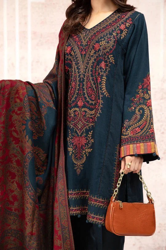 Maria B Winter Embroidered Khaddar Dress with Printed Shawll 3 Piece WC582 - Image 3