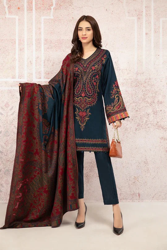 Maria B Winter Embroidered Khaddar Dress with Printed Shawll 3 Piece WC582 - Image 4
