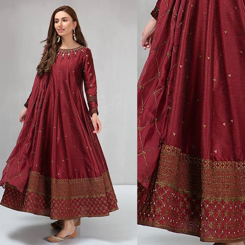 Maria B Winter Unstiched 3 piece shimoz silk frock style embroidered suit WC099