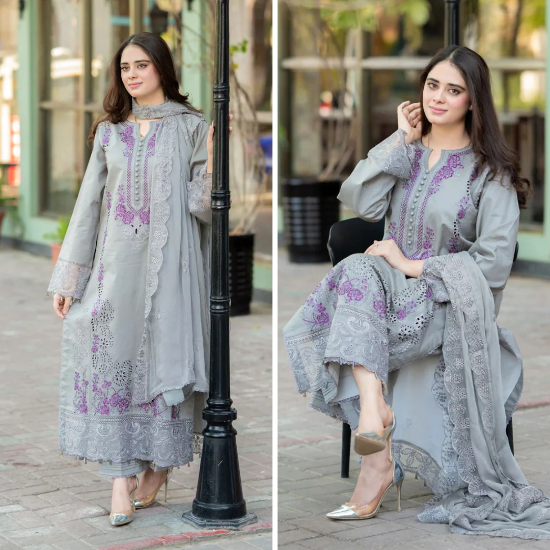 Mushq Winter 3 Piece Dhanak ChickenKari Embroidered Dress with Chiffon Emb Duppata WC1126