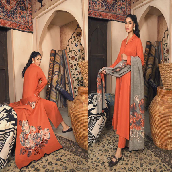 Nishat Winter Orange Dhanak Plain 3 Piece Printed Karandi Shawll WC812