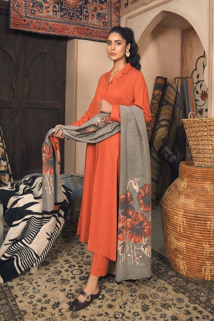 Nishat Winter Orange Dhanak Plain 3 Piece Printed Karandi Shawll WC812 - Image 2