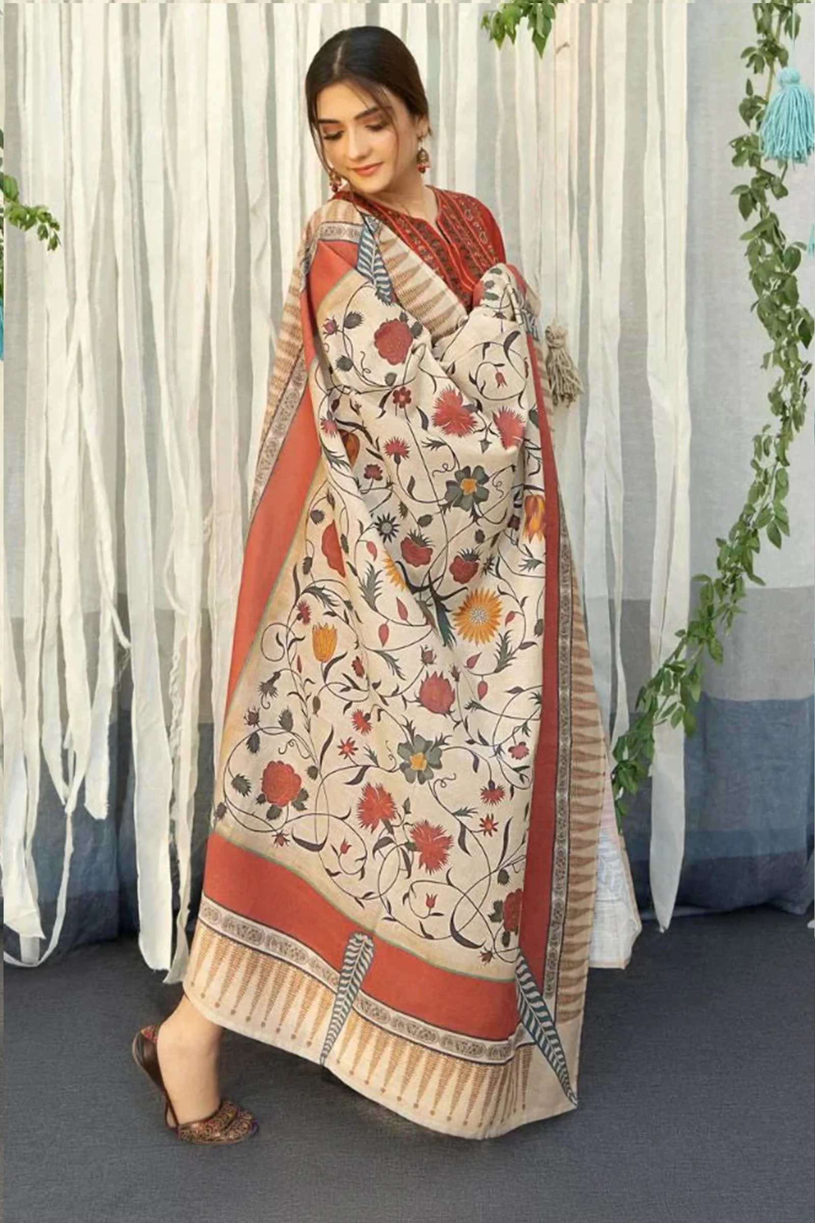 Sana Safinaz Winter 3 Piece Dhannak Embroidered dress with Printed Shawll WC914 - Image 4