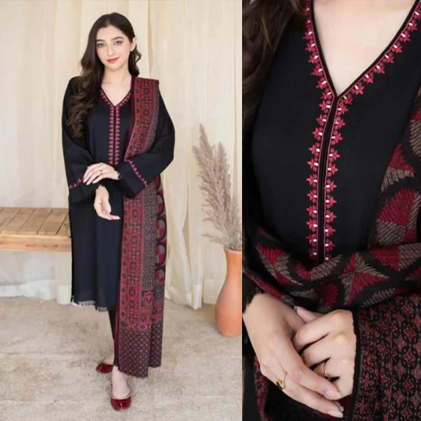 Sapphire Winter Embroidered Dhanak Dress With Dhanak Embroidered Shawl 3 Piece WC628