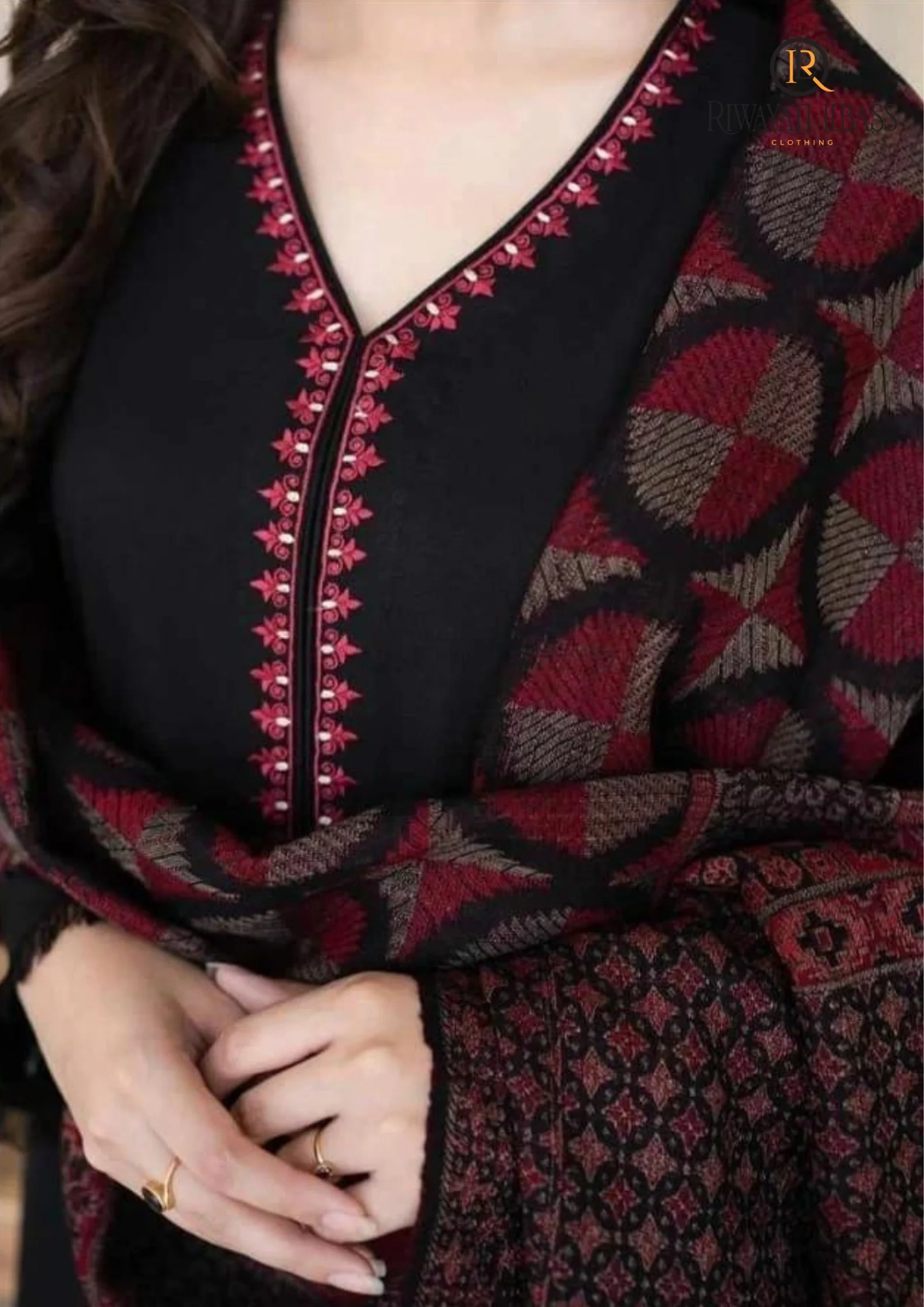 Sapphire Winter Embroidered Dhanak Dress With Dhanak Embroidered Shawl 3 Piece WC628 - Image 2