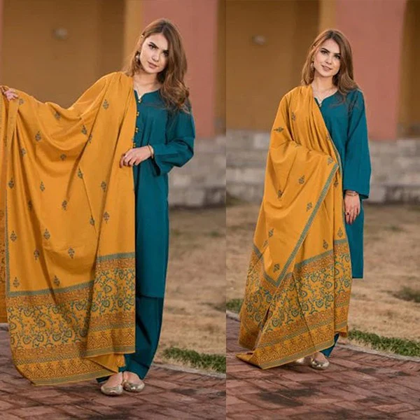 Unstitched 3 Piece Dhanak Dress with digital printed wool shawll WC554
