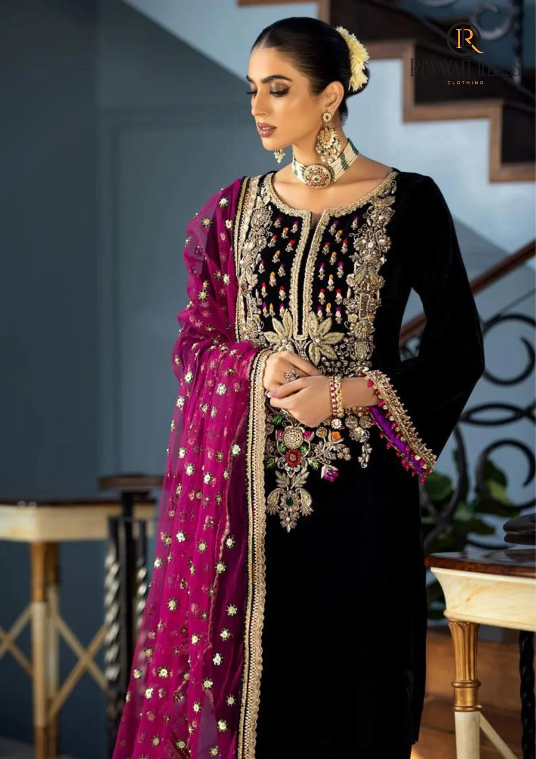 Unstitched Velvet Dress With Embroidered Organza Dupatta and Silk Trouser WC903 - Image 2