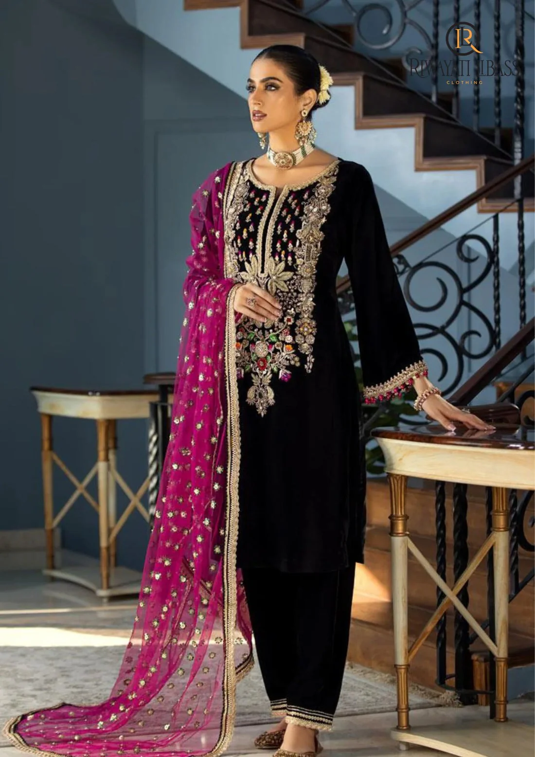 Unstitched Velvet Dress With Embroidered Organza Dupatta and Silk Trouser WC903 - Image 3