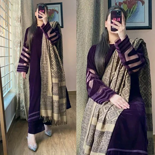 Unstitched Velvet Dress with Printed Dhanak Shawll Velvet Trouser WC1248