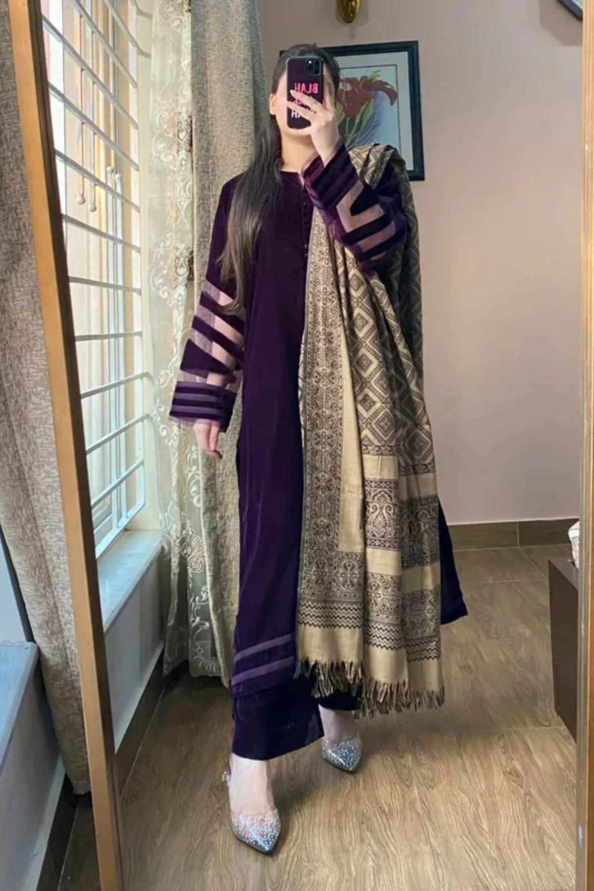 Unstitched Velvet Dress with Printed Dhanak Shawll Velvet Trouser WC1248 - Image 2