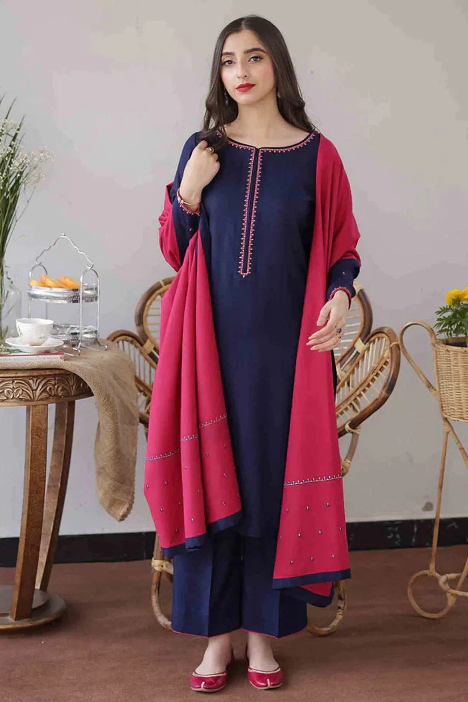 Unstitched Winter 3 Piece Dhanak suit with Embroidered Dhanak Shawll WC404 - Image 2