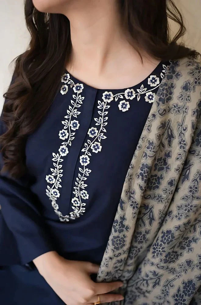 Unstitched Winter 3 Piece Dhannak Embroidered suit with Printed Shawll WC627 - Image 2