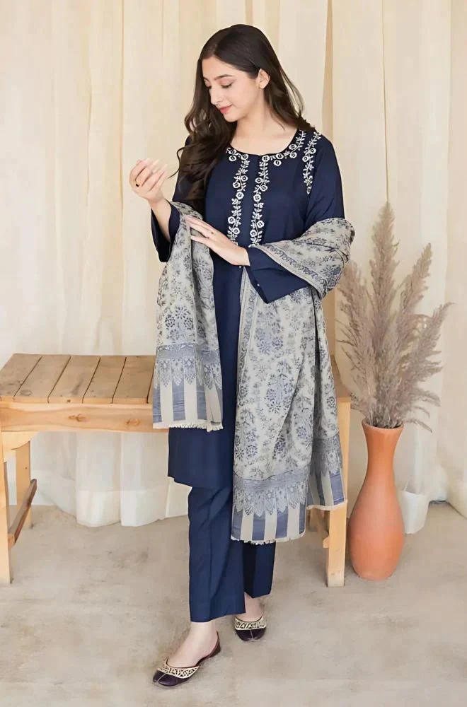 Unstitched Winter 3 Piece Dhannak Embroidered suit with Printed Shawll WC627 - Image 3