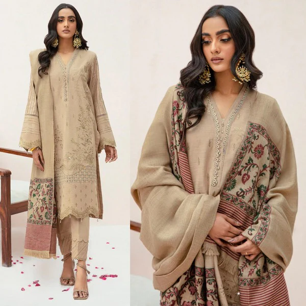 Unstitched Winter Embroidered Dhanak Dress with Printed Shawll 3 Piece WC574
