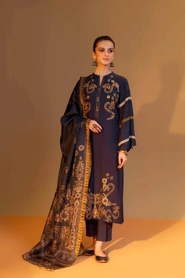 Unstitched Winter Embroidered Dhanak Dress with Printed Shawll 3 Piece WC824 - Image 5