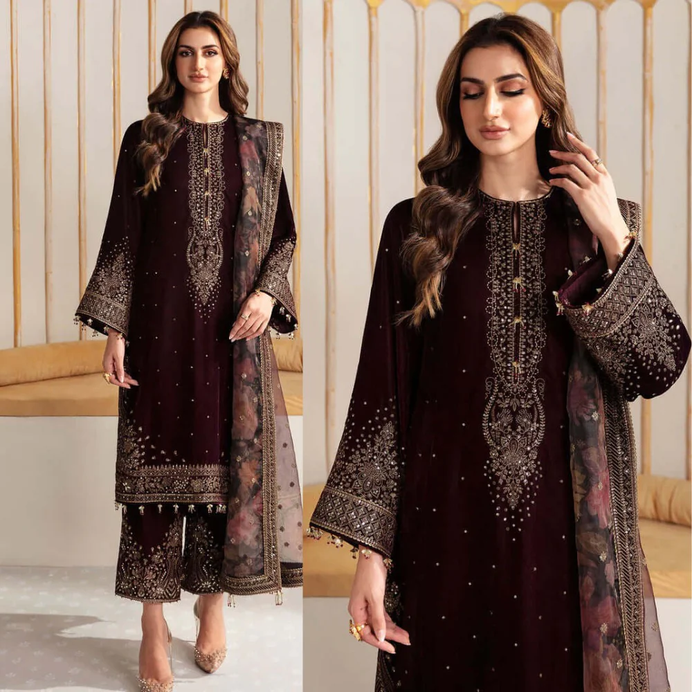 Velvet Embroidered Dress With Embroidered Organza Dupatta and Silk Trouser WC902