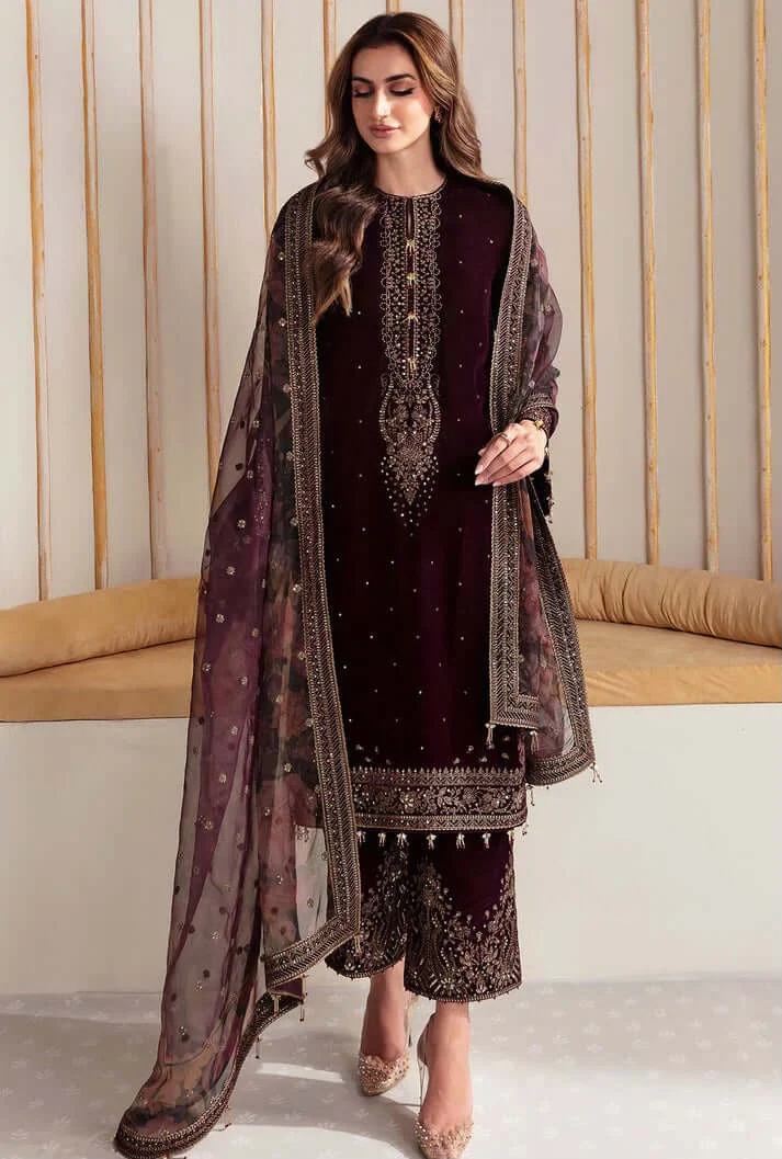 Velvet Embroidered Dress With Embroidered Organza Dupatta and Silk Trouser WC902 - Image 2