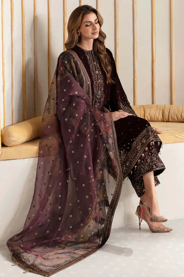 Velvet Embroidered Dress With Embroidered Organza Dupatta and Silk Trouser WC902 - Image 3