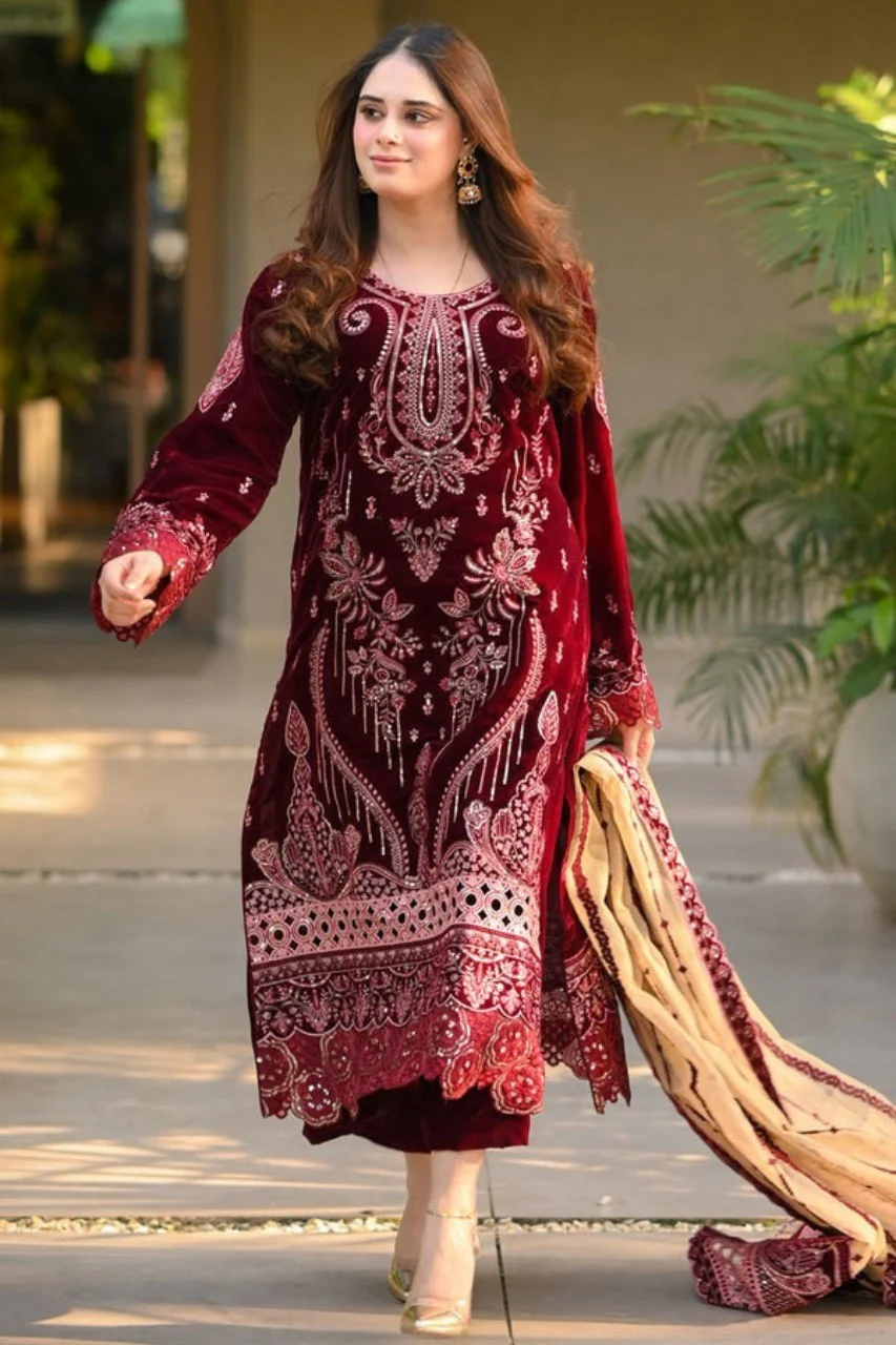 Velvet Embroidered Dress With Organza embroidered Dopata and Silk Trouser WC1240 - Image 2